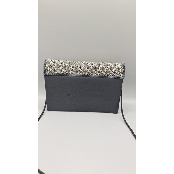 BLACK EVENING BAG - BECHAMEL - SILVER BEADED SATIN - WITH SHOULDER STRAP - Picture 2 of 6